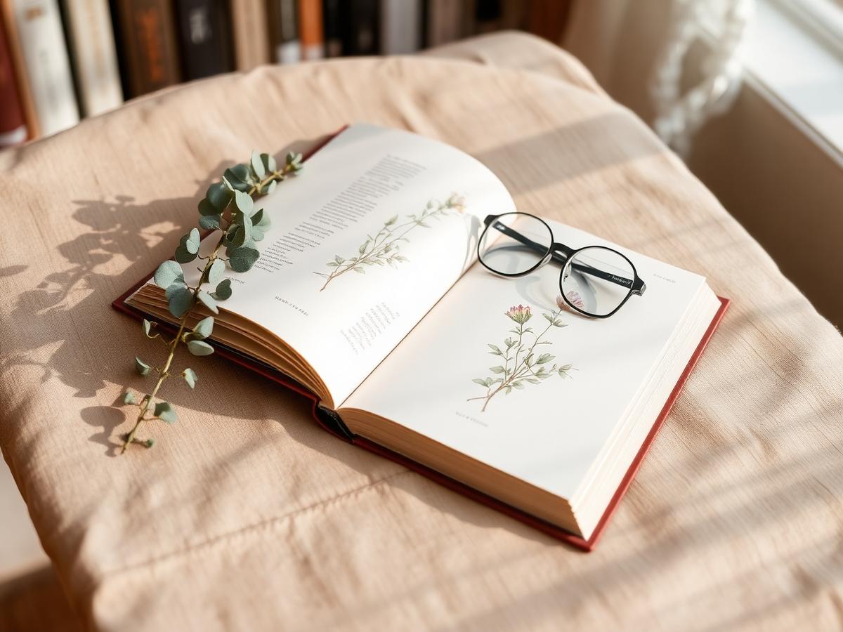 Cuaderno abierto y hierbas sobre una mesa de madera