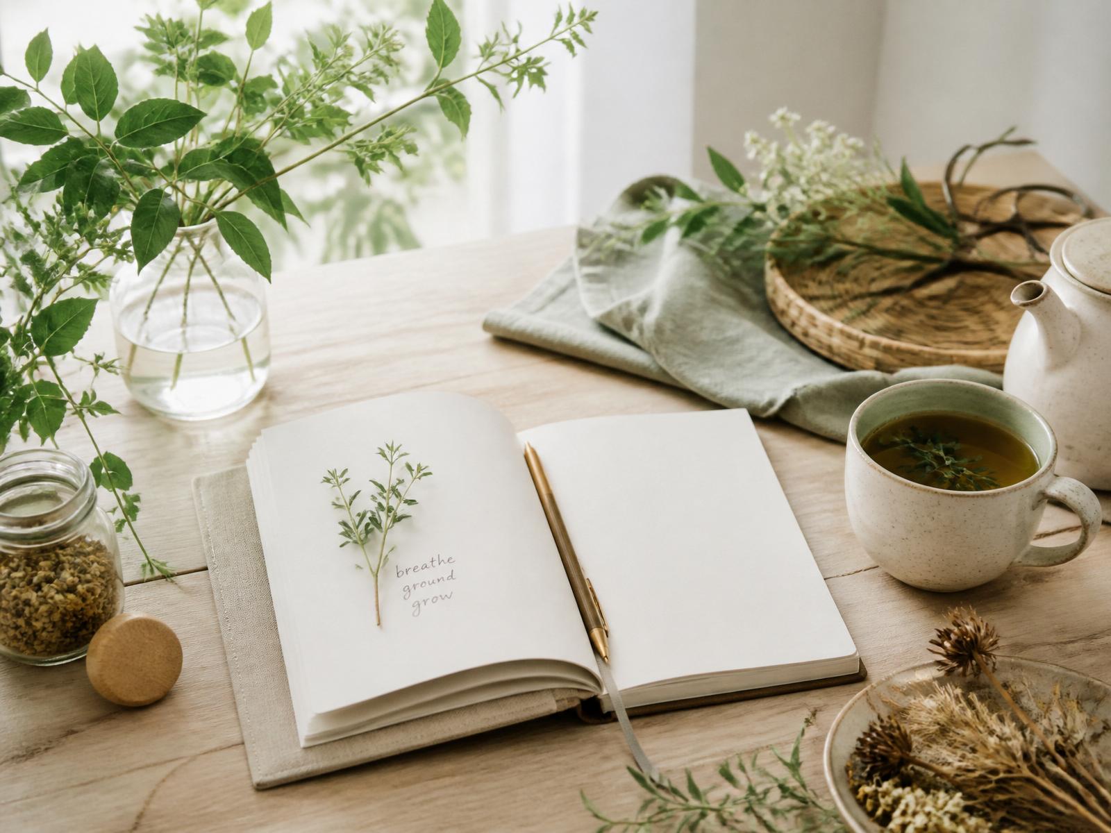 Mesa de madera con plantas frescas, cerámica y lino a luz natural