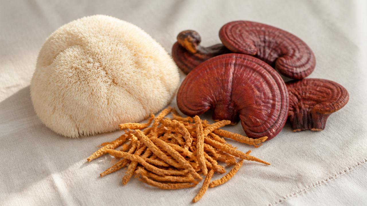 Hongos medicinales sobre lino crudo con luz natural suave
