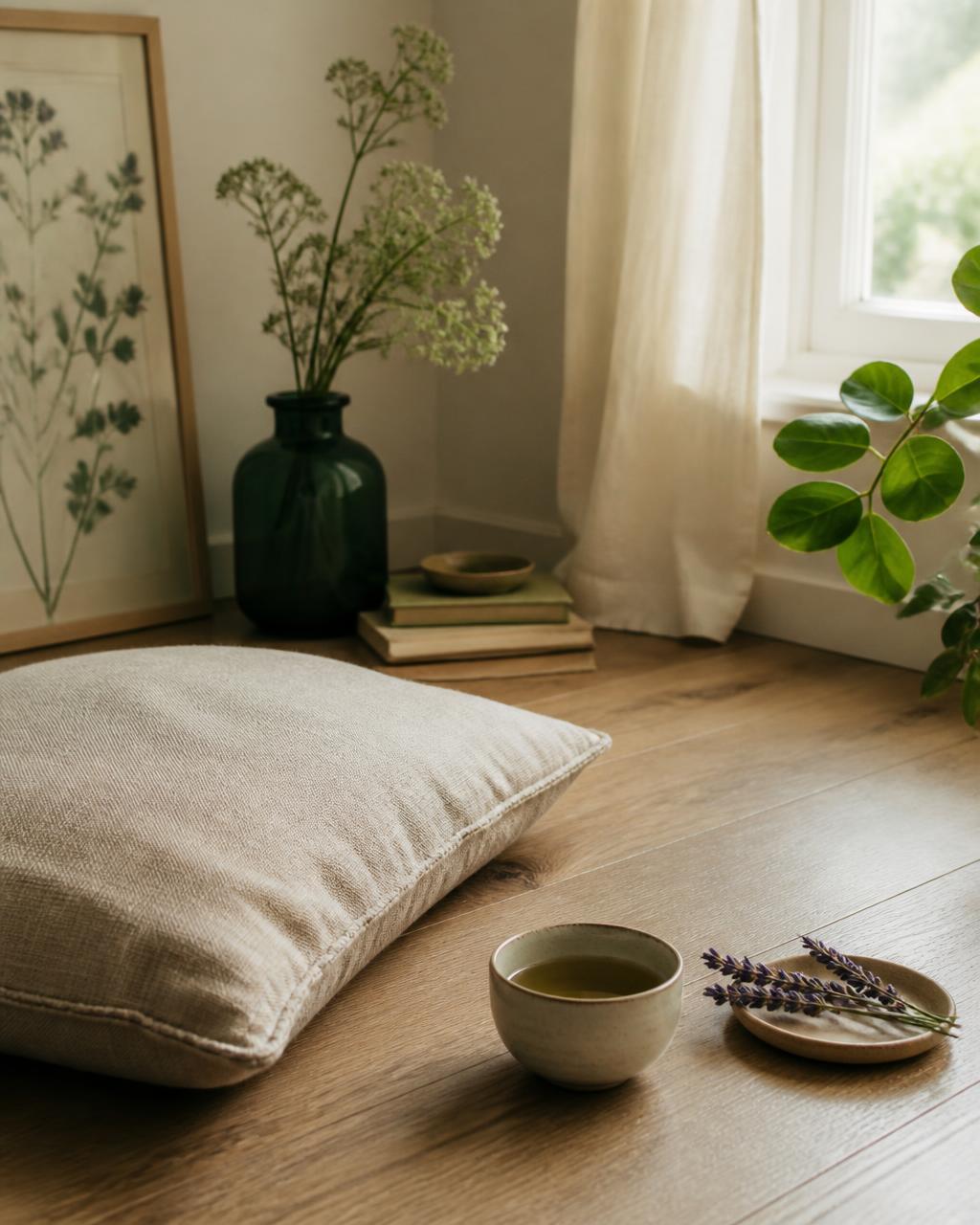 Rincón sereno con cojín de lino, infusión y lavanda a luz natural